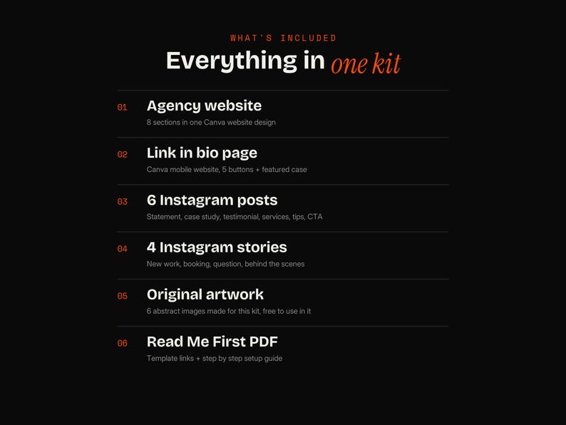 May include: A black digital kit list titled WHAT'S INCLUDED Everything in one kit. It details six items: Agency website, Link in bio page, 6 Instagram posts, 4 Instagram stories, Original artwork, and a Read Me First PDF with setup guide.
