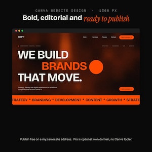 May include: A website design template featuring a dark background with a blurred orange gradient. The text reads WE BUILD BRANDS THAT MOVE in large white and orange letters. A horizontal orange bar at the bottom lists STRATEGY, BRANDING, DEVELOPMENT, CONTENT, GROWTH.