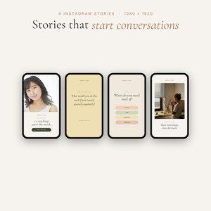 Pode incluir: Quatro modelos digitais de stories para Instagram exibidos em telas de smartphone. Os designs apresentam uma paleta de cores neutras, tipografia minimalista e espa&ccedil;os reservados para imagens e texto, incluindo perguntas como 'What would you do this week if you trusted yourself completely?' e 'What do you need more of?'