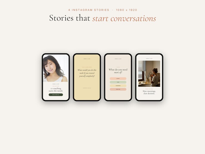 Pode incluir: Quatro modelos digitais de stories para Instagram exibidos em telas de smartphone. Os designs apresentam uma paleta de cores neutras, tipografia minimalista e espa&ccedil;os reservados para imagens e texto, incluindo perguntas como 'What would you do this week if you trusted yourself completely?' e 'What do you need more of?'