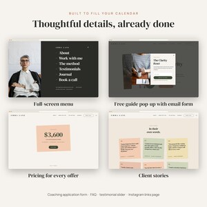 May include: A website template display featuring four distinct sections: a full-screen menu with navigation links, a pop-up window for a free guide with an email form, a pricing block for offers, and a grid of client testimonials with text boxes.