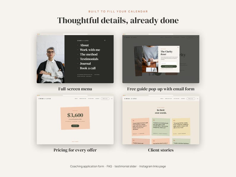 May include: A website template display featuring four distinct sections: a full-screen menu with navigation links, a pop-up window for a free guide with an email form, a pricing block for offers, and a grid of client testimonials with text boxes.