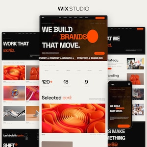 Peut inclure: Une interface num&eacute;rique affichant la marque Wix Studio, pr&eacute;sentant plusieurs mises en page de sites web avec un th&egrave;me sombre, une typographie orange audacieuse et des images abstraites. Les &eacute;crans affichent du texte comme WE BUILD BRANDS THAT MOVE, 120+, 18, 9 et Selected work, ainsi que divers &eacute;l&eacute;ments de design graphique.