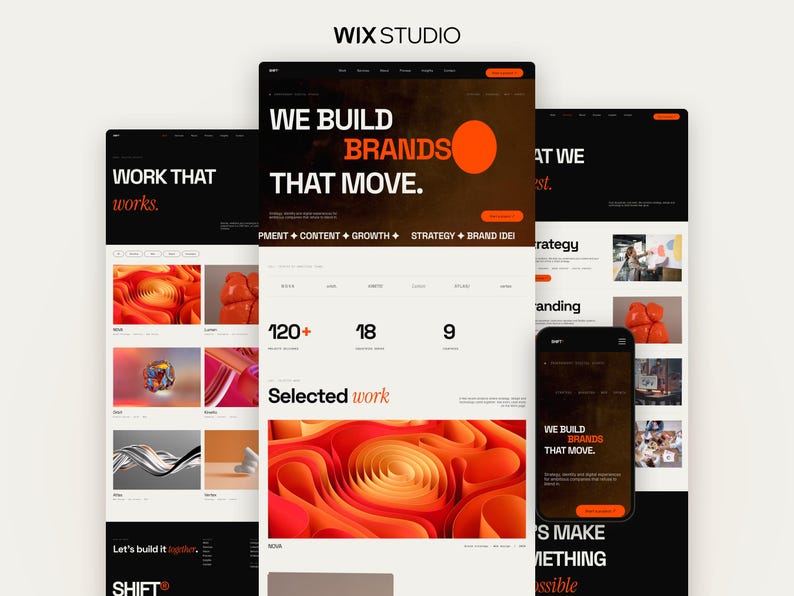 Peut inclure: Une interface num&eacute;rique affichant la marque Wix Studio, pr&eacute;sentant plusieurs mises en page de sites web avec un th&egrave;me sombre, une typographie orange audacieuse et des images abstraites. Les &eacute;crans affichent du texte comme WE BUILD BRANDS THAT MOVE, 120+, 18, 9 et Selected work, ainsi que divers &eacute;l&eacute;ments de design graphique.
