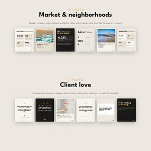 May include: A collection of seventeen rectangular informational cards arranged in two rows. The top row features market and neighborhood data with charts and text. The bottom row displays client testimonials and reviews with black and white backgrounds.
