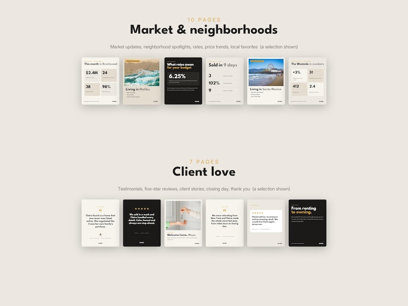 May include: A collection of seventeen rectangular informational cards arranged in two rows. The top row features market and neighborhood data with charts and text. The bottom row displays client testimonials and reviews with black and white backgrounds.