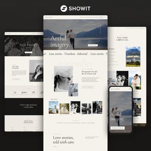 May include: A digital website template design titled Maison, featuring a clean layout with off-white backgrounds, black typography, and multiple photographic sections displaying wedding imagery, including a mobile view and desktop layouts.