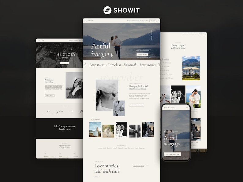 May include: A digital website template design titled Maison, featuring a clean layout with off-white backgrounds, black typography, and multiple photographic sections displaying wedding imagery, including a mobile view and desktop layouts.