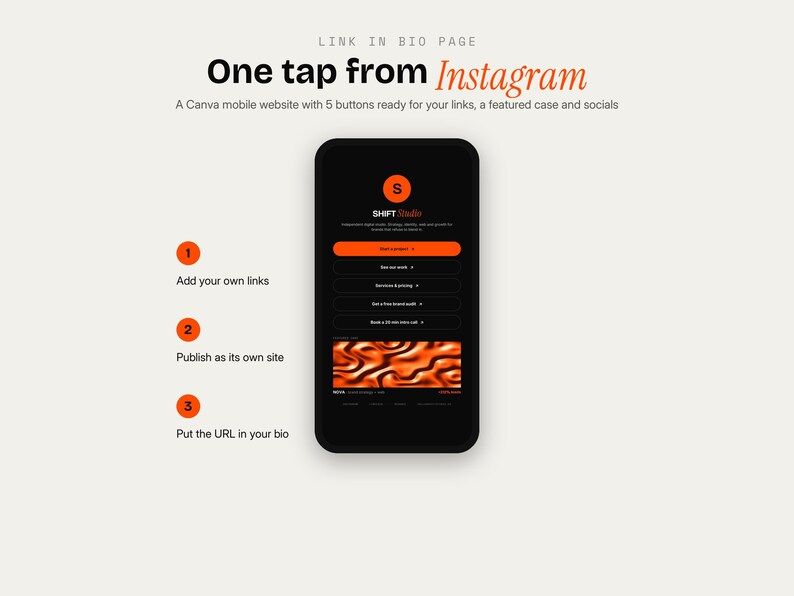 May include: A mobile website template for Canva featuring a black smartphone interface with orange accents. The screen displays the text 'SHIFT Studio' and five buttons for links, alongside three numbered steps: 1. Add your own links, 2. Publish as its own site, 3. Put the URL in your bio.