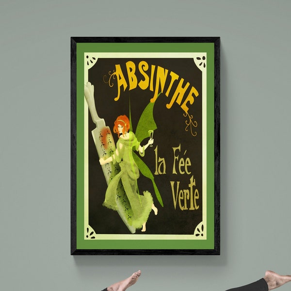 Framed (Or Unframed) Absinthe Green Fairy (ver.3) Butterfly Wings Girl Print French Art Nouveau Decor