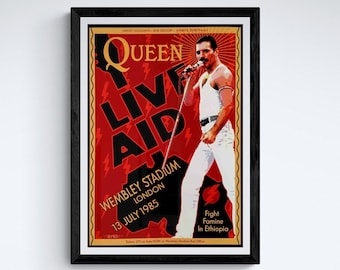 Queen Live Aid FRAMED Vintage Tour Poster, 80's bands Vintage Concert Poster Wood Framed