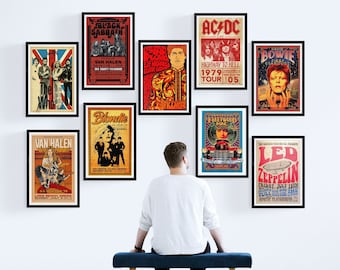 Framed 70's Concert Posters Set, iconic 1970's rock bands framed poster classic rock repros.