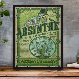 Framed Vintage Absinthe Label Print C.1871 Art Nouveau Liquor Skeleton & Peacock Decor