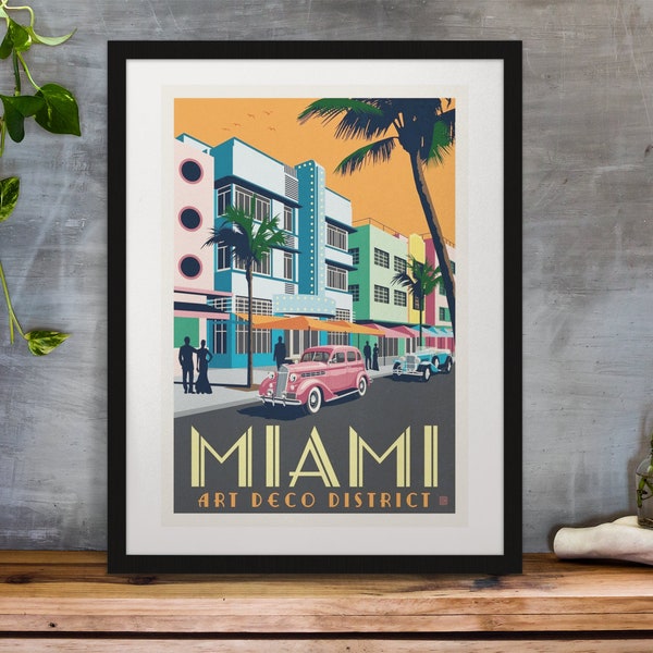 Framed Vintage Miami Art Deco District Travel Poster Illustration Art