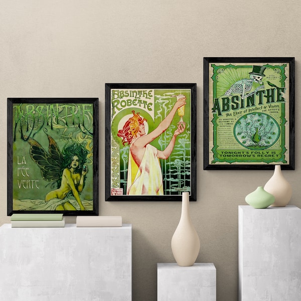 Framed Set of 3 Absinthe Prints 11X14" Absinthe Wall Art Solid-Wood Framed Prints (or Select Unframed)