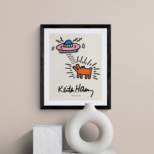 Framed Keith Haring UFO and DOG Illustration Museum Exhibition Fine Art Wall Decor
