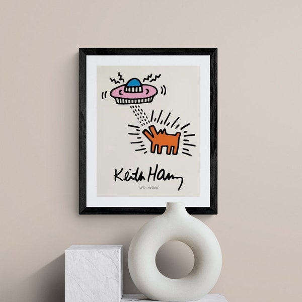 Keith Haring UFO und DOG Illustration Museum Ausstellung Fine Art Wall Decor gerahmt