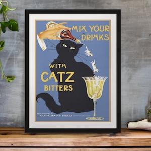 Framed 11X14 Vintage Black Cat Catz Bitters Art Print Cat w/ Liquor Mixing Drinks