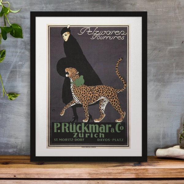 Póster vintage enmarcado Ad Lady Walking A Leopard Art Deco Style Decor