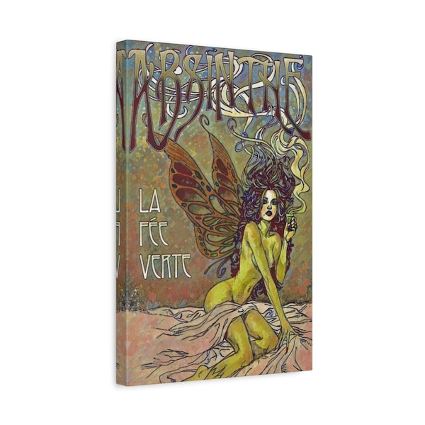 Stretched Canvas Absinthe Green Fairy Butterfly Wings Girl Wall Art Nouveau Decor Ready to hang 1.25"