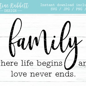 Puede incluir: Gráfico de texto en blanco y negro que dice "family where life begins and love never ends."