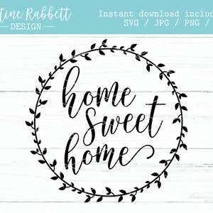 K&ouml;nnte beinhalten: Schwarzwei&szlig;es Grafikdesign eines Kranzes mit Bl&auml;ttern und dem Text "home sweet home" im Inneren.