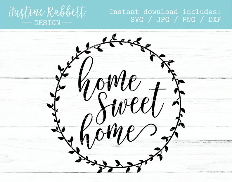 K&ouml;nnte beinhalten: Schwarzwei&szlig;es Grafikdesign eines Kranzes mit Bl&auml;ttern und dem Text "home sweet home" im Inneren.