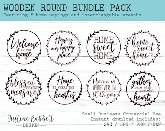 Bundle of 8 Wooden Round Farmhouse Designs with 8 Interchangeable Laurel Wreaths | Digital File Download | Jpg Png Dxf Svg | Commercial Use