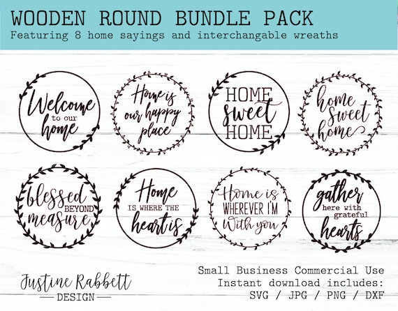 Bundle of 8 Wooden Round Farmhouse Designs with 8 Interchangeable Laurel Wreaths | Digital File Download | Jpg Png Dxf Svg | Commercial Use