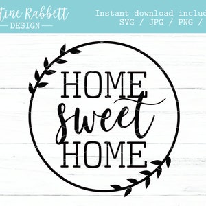 K&ouml;nnte beinhalten: Schwarzwei&szlig;es Grafikdesign mit einem Kranz aus Bl&auml;ttern um den Text "HOME sweet HOME".