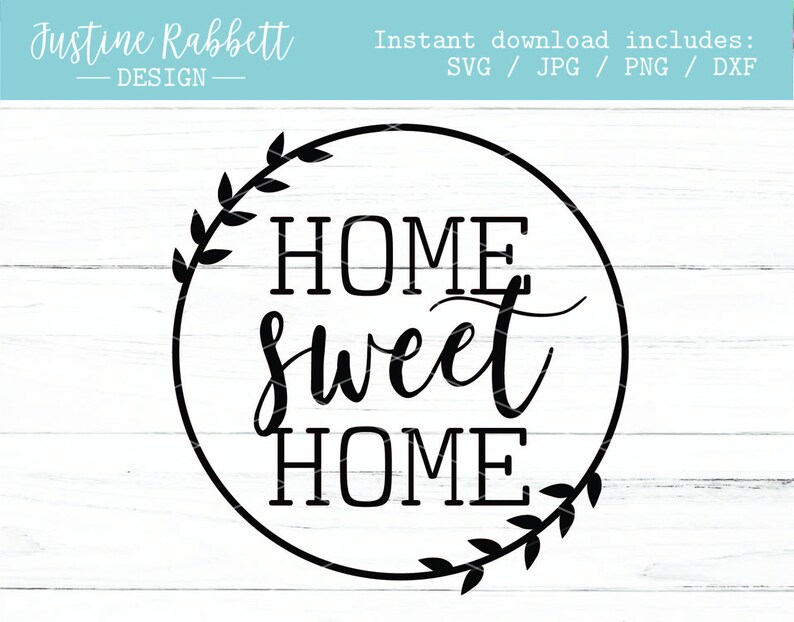 K&ouml;nnte beinhalten: Schwarzwei&szlig;es Grafikdesign mit einem Kranz aus Bl&auml;ttern um den Text "HOME sweet HOME".