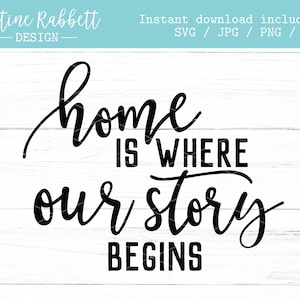 Home is where our story begins, chunky script font, wooden round, farmhouse sign design, Cut file | Digital Download | Jpg, Png, Dxf, Svg
