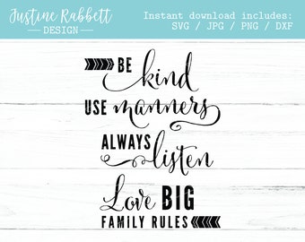 Be Kind Use Manners Always Listen Love Big Family Rules, sign design, child room, nursery room | Cut File, Svg, Jpg, Png, Dxf