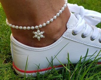 Flower Pearls & Beads Enkelband, Hand Made Gift voor dames, strand, rekbare voetarmband, mooi en schattig
