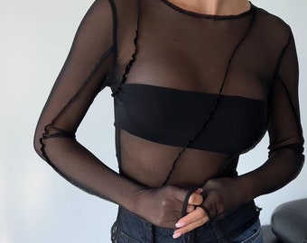 patchwork mesh top, sheer mesh black top, long sleeve, soft stretchy fishnet, transparent blouse, see through, gift for her
