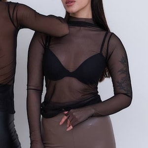 sheer mesh top, turtleneck fishnet, see through long sleeve, transparent rave outfit, black sexy top, gift for her