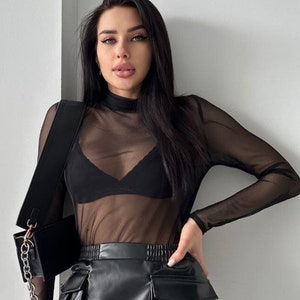 mesh turtleneck black, sheer mesh top, see through top, long sleeve transparent top, rawe wear, gift for her