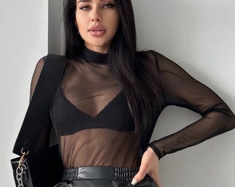 mesh turtleneck black, sheer mesh top, see through top, long sleeve transparent top, rawe wear, gift for her