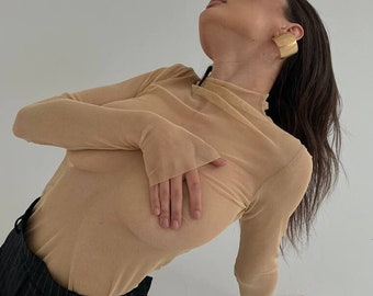 mesh turtleneck, fishnet top, sheer mesh turtleneck, sheer black mesh top, long sleeve, see through blouse, gift for her