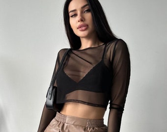 sheer mesh top fishnet crop top see through top long sleeve soft stretchy elegant transparent gift crop top gift for her