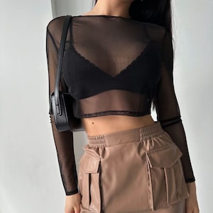 mesh crop top fishnet crop top sheer mesh top sheer black mesh top long sleeve soft sretchy elegant see through classic skin tight