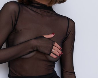 mesh turtleneck fishnet sheer mesh top sheer black mesh top longsleeve soft sretchy elegant transparent see through classic skin tight