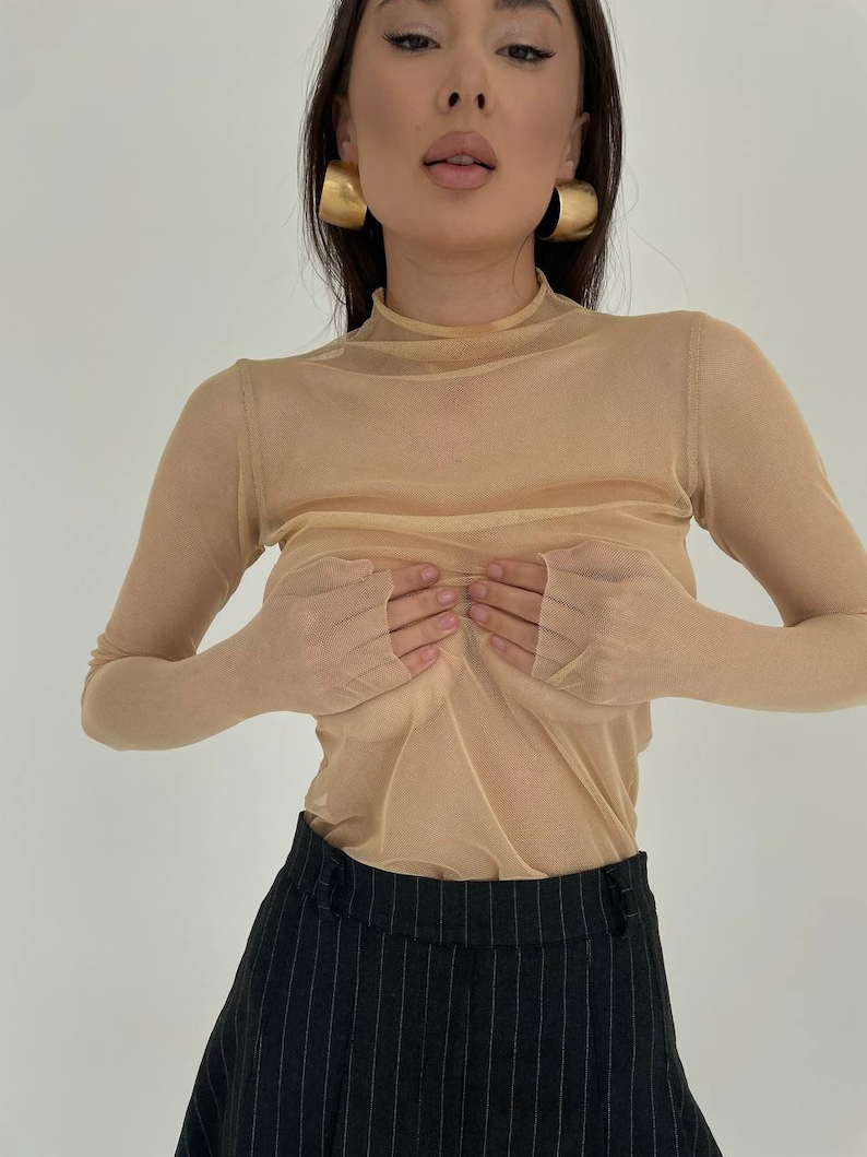 May include: A sheer, beige, long-sleeved top with a mock neck. The top is made of a fine mesh fabric and has a fitted silhouette. The model is wearing the top with a black pinstripe skirt.