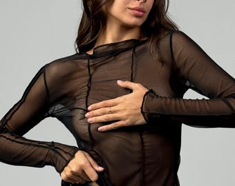 mesh top, sheer top, sheer lingerie, sexy top, patchwork, see through lingerie, best gifts for her, long sleeve, plus size clothing