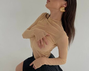 mesh sheer top, beige long sleeve, soft sretchy mesh, transparent see through top, gift for her