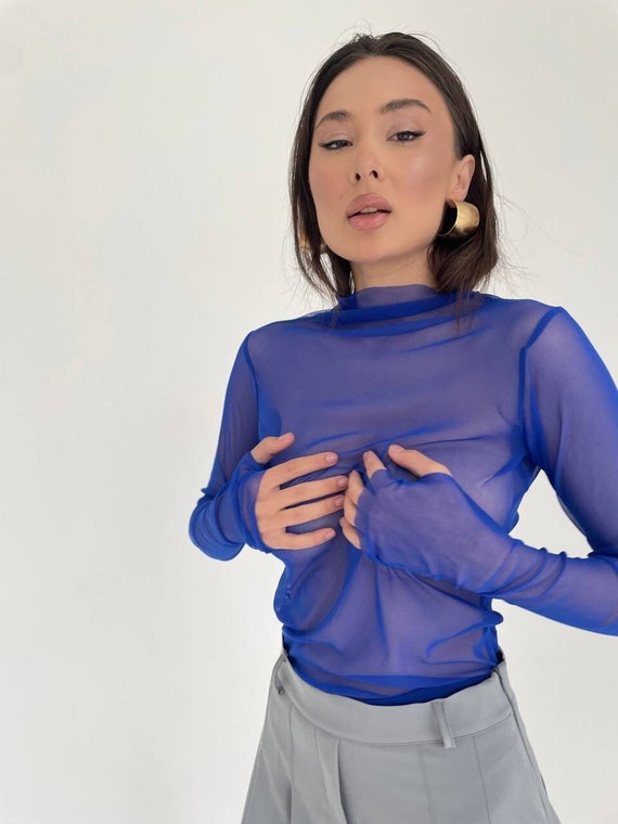 blue sheer long sleeve top