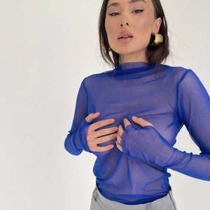 top mesh sheer blue roll long sleeve soft sretchy elegant transparent see through classic skin tight