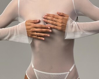 Sheer mesh bodysuit, sheer lingerie, fishnet long sleeve bodysuit, panties mesh, transparent bodysuit, see through catsuit, gift for her