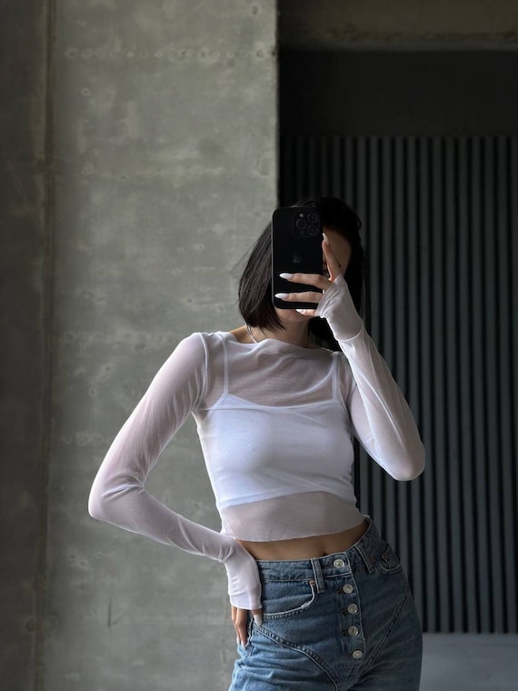 white mesh crop top long sleeve