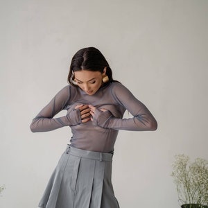 mesh fishnet sheer mesh top sheer mesh gray top longsleeve soft sretchy elegant transparent see through classic skin tight